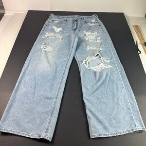American Eagle Jeans Women's 34x29* Baggy Skater Blue Distressed Denim Tag 14R